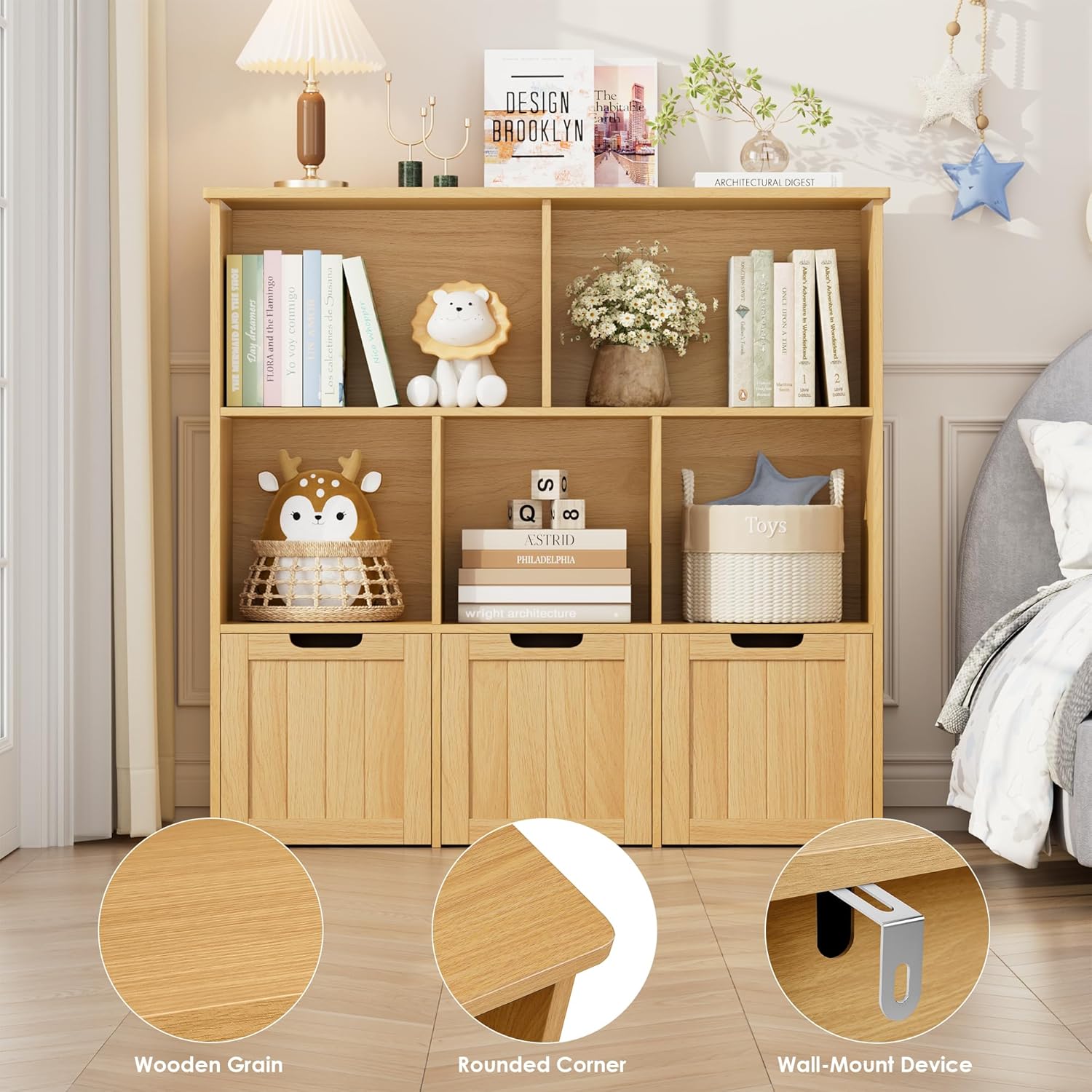 FOTOSOK Toy Storage Organizer with 3 Movable Drawers, Floor Storage Cabinet Toy Chest with Hidden Wheels and 5 Storage Cubbies, Multifunctional Storage Chest for Playroom, Natural
