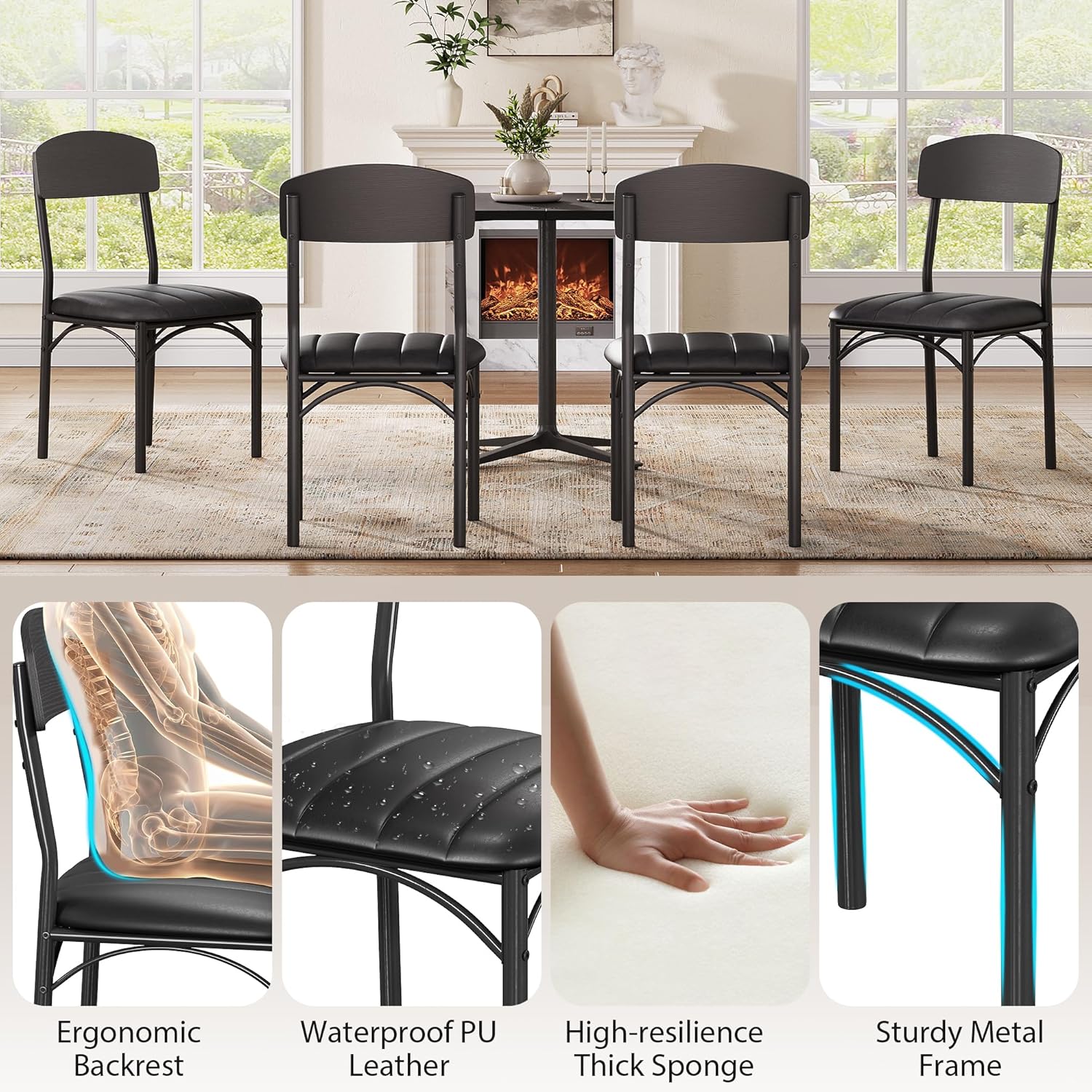 Jocoevol Dining Chairs Set of 4 - Upholstered Dining Room Chairs with PU Leather, Industrial Kitchen Chairs with Wooden Backrest and Thickened Metal Legs, for Dining Room, Living Room（Black）