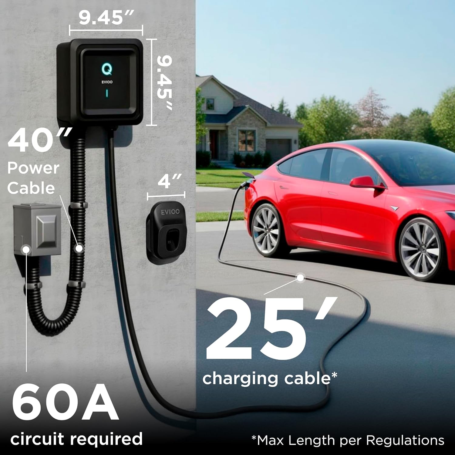 EVIQO NACS Charger for Tesla 48 Amp 240V Hardwired Level 2 EV Charger - Wall EV Charger Level 2, 25ft Cable, WiFi (2.4 GHz) Smart App - Weatherproof, Outdoor (IP66,NEMA 4) UL, ETL Certified