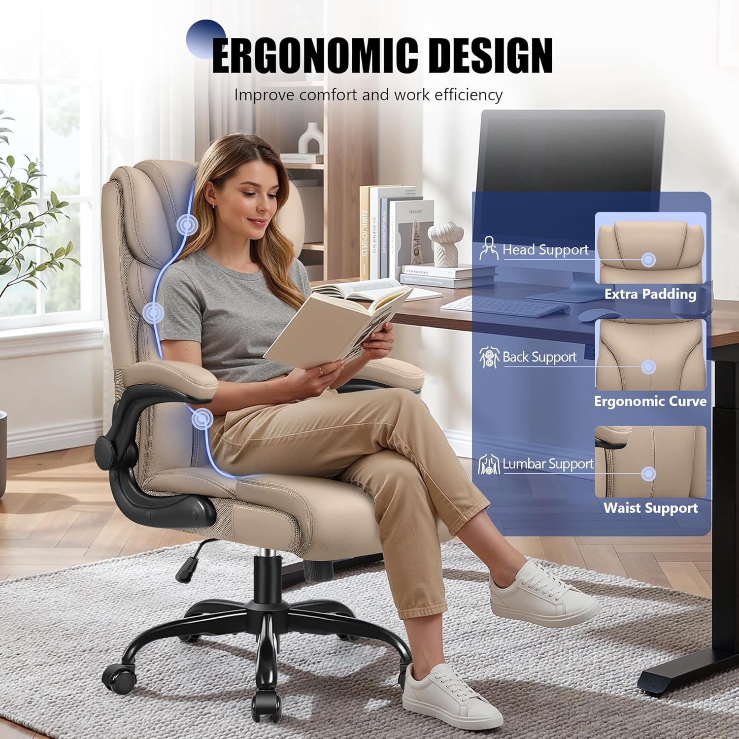 Primy Office Chair, Ergonomic Leather Desk Chair with Flip-up Armrests, Big and Tall High Back Executive Computer & Gaming Chair with Footrest, Comfy Padded, Rocking Function and Lumbar Support(Khaki)