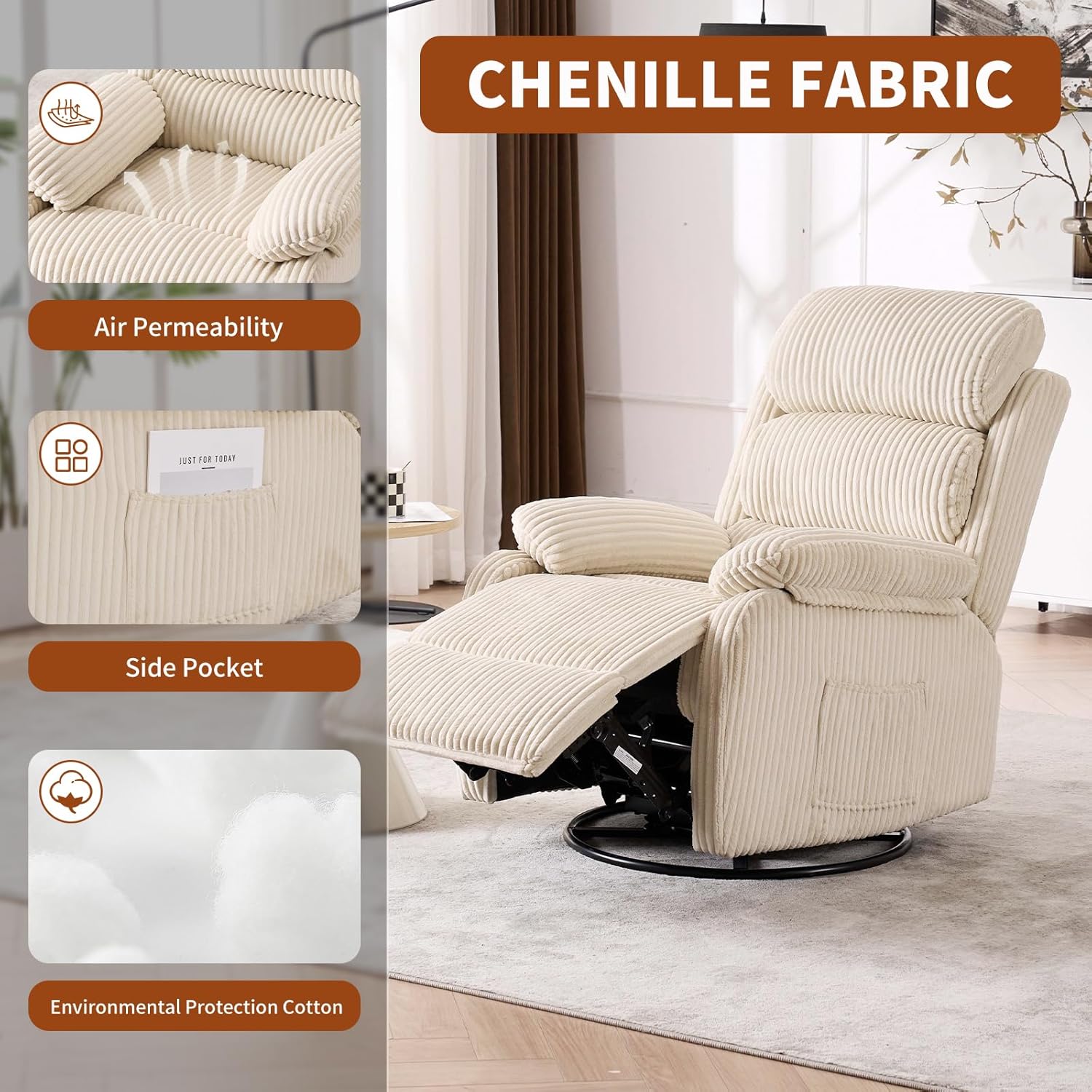 Adult 360° Rocking Recliner Chair，Nursery Rocker Reclining Chair with Side Pocket, a Comfy upholstered Single Sofa Armchair. Suitable for Living Room, Bedroom Nursing use, Velvet Fabric in Beige