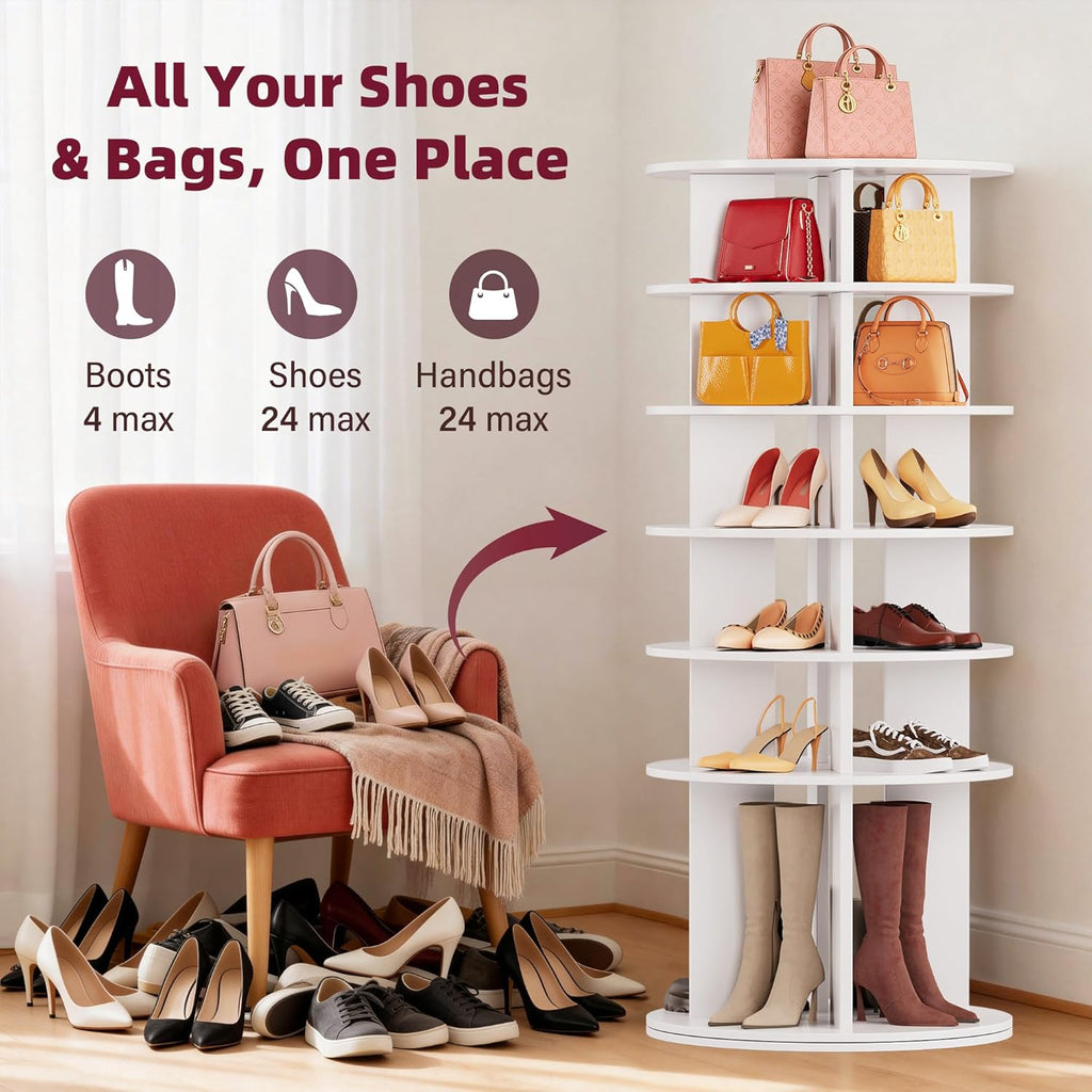 JUMMICO Rotating Shoe Rack Tower, 6-Tier Vertical Closet Storage Organizer for Shoes, Handbags & Tall Boots, 360° Spinning Lazy Susan Base, Space-Saving for Bedroom & Closet (White)
