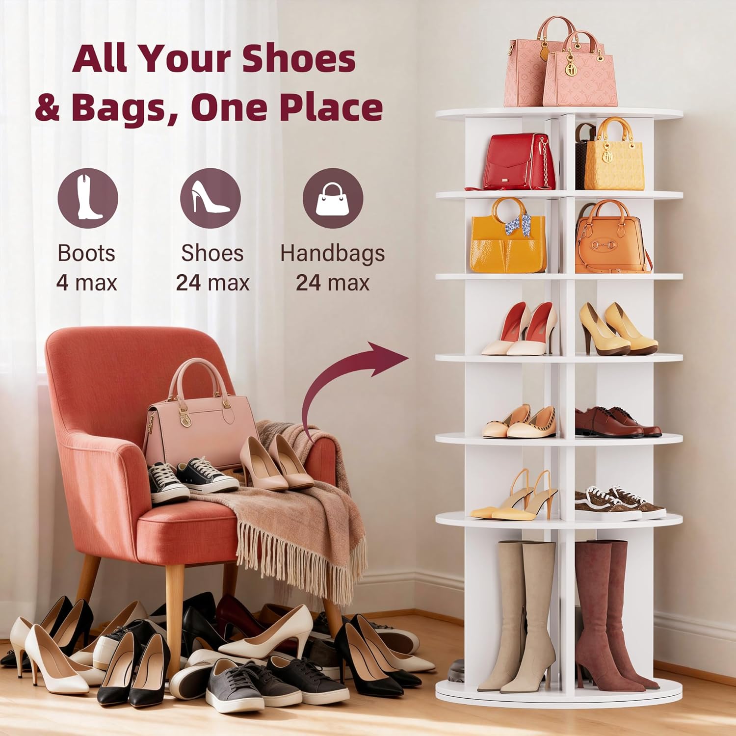JUMMICO Rotating Shoe Rack Tower, 6-Tier Vertical Closet Storage Organizer for Shoes, Handbags & Tall Boots, 360° Spinning Lazy Susan Base, Space-Saving for Bedroom & Closet (White)
