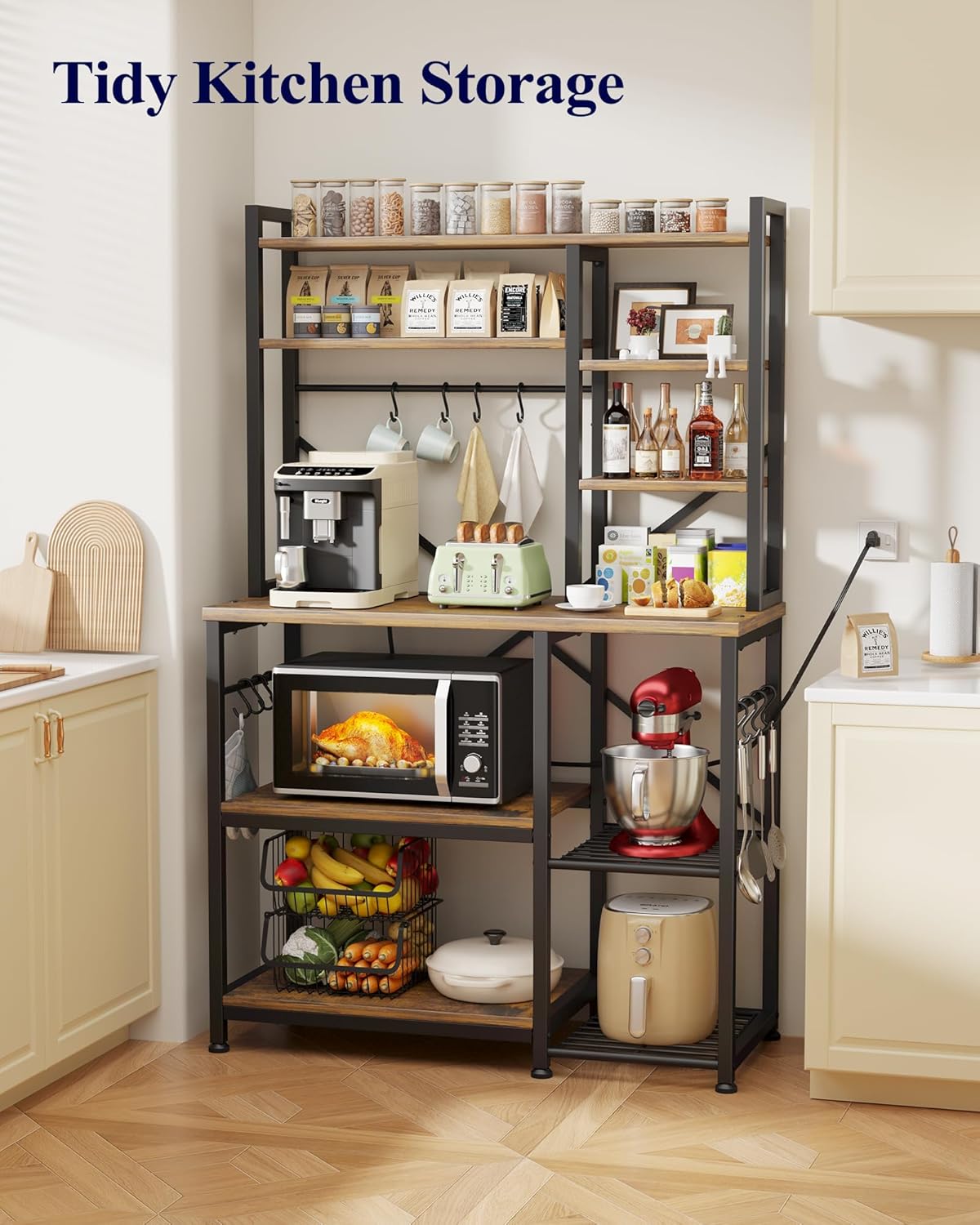 Kitsure Baker's Rack with Power Outlet - Storage Rack with Kitchen Shelves and 12 Hooks, Versatile Coffee Bar and Microwave Stand for Appliances, Pantry, Home Organization,Brown, 38.0" x 15.5" x 67.0"