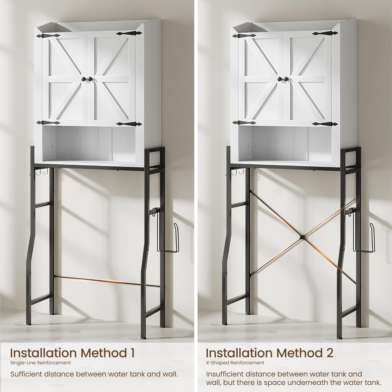 Memobarco Over The Toilet Storage Cabinet, Over Toilet Organizer with 2-Door & Metal Stand, Bathroom Organizers and Storage with Adjustable Shelves for Bathroom, Restroom, Laundry, White