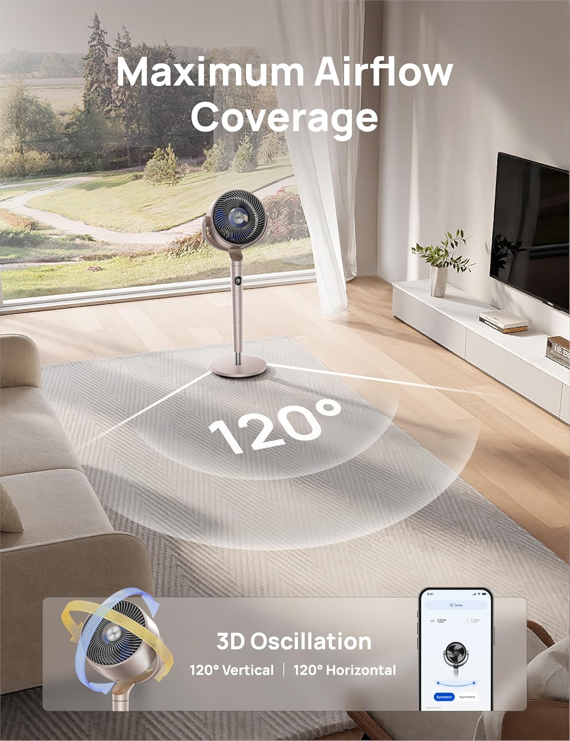 DREO Smart Fans for Bedroom, 120° +120° Omni-Directional Oscillating Fan, 100ft Quiet Pedestal Fan with RGB Light, 9 Speeds, 6 Modes, 20dB, 8H Timer, Wi-Fi/Voice, 35-40" Floor Fans, Starlight