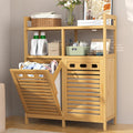 VASMIA Tilt Out Laundry Hamper Cabinet, Bamboo Double Laundry Hamper with 2 Removable Laundry Baskets, 20 Gal Laundry Sorter Organizer with Shelf for Dirty Clothes, Bathroom, Laundry Room, Natural