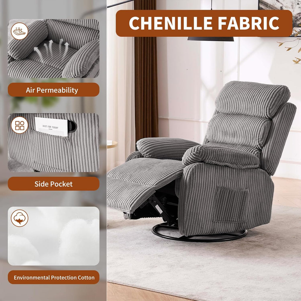 Plush Premium Velvet 360° Swivel Rocker Recliner Chair - High Back Glider with Generous Footrest, Supportive Armrests & Side Pocket for Nursery, Living Room & Small Spaces Grey