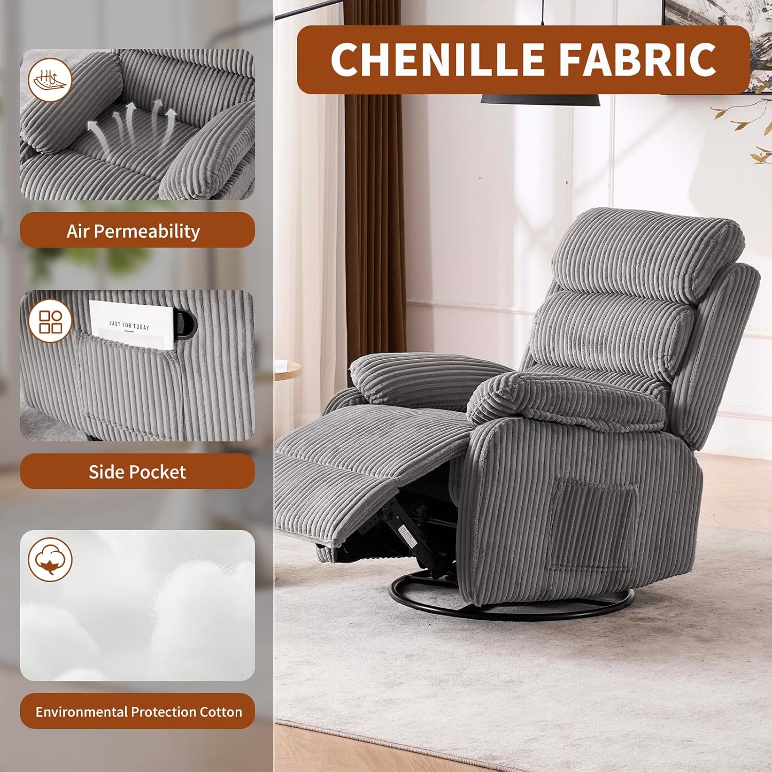 Plush Premium Velvet 360° Swivel Rocker Recliner Chair - High Back Glider with Generous Footrest, Supportive Armrests & Side Pocket for Nursery, Living Room & Small Spaces Grey