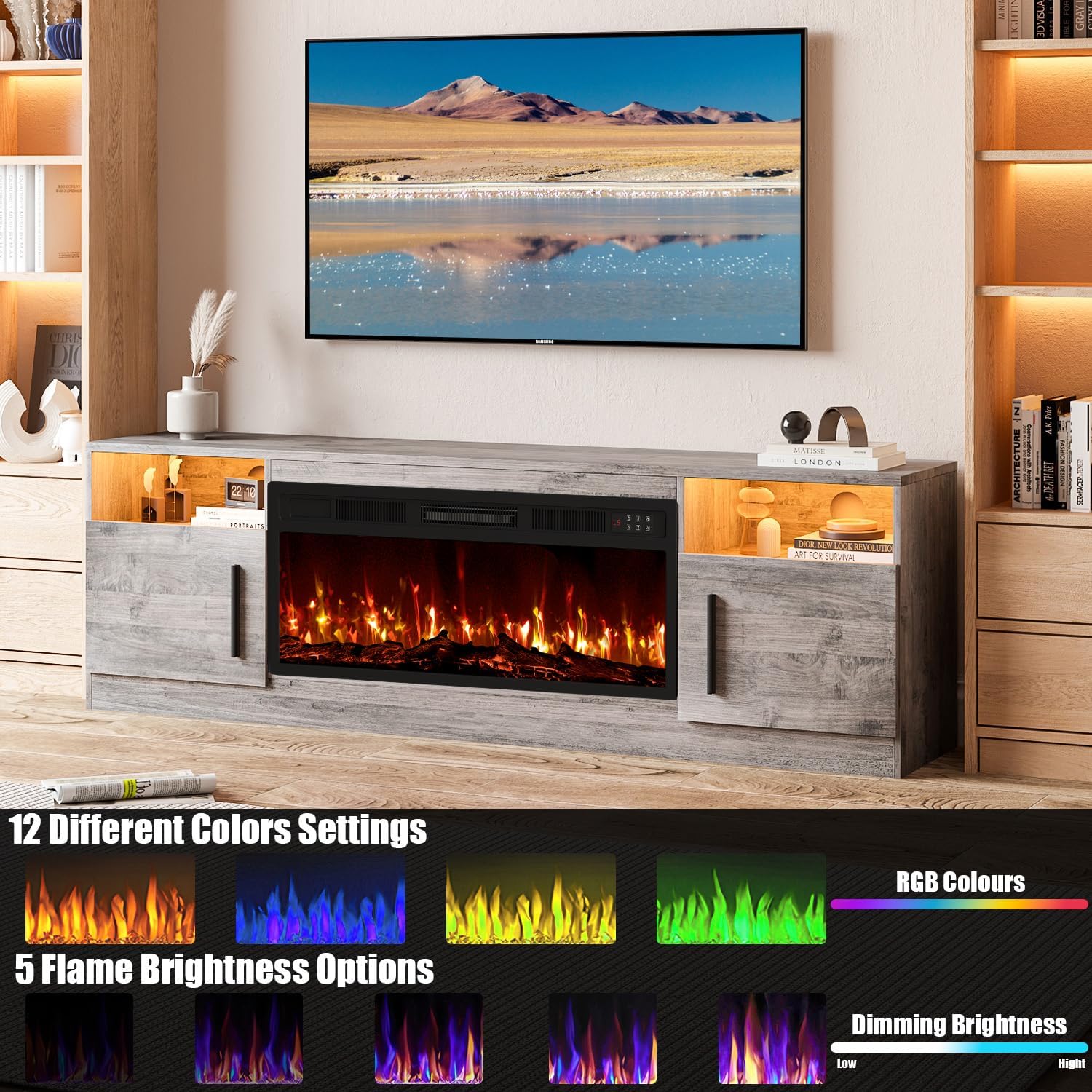 VITESSE TV Stand with 36" inch Electric Fireplace Up to 80" TVs, LED Light Entertainment Center, 70" Modern Wood High Gloss Fireplace with Highlight Storage Cabinet for Living Room (Grey)