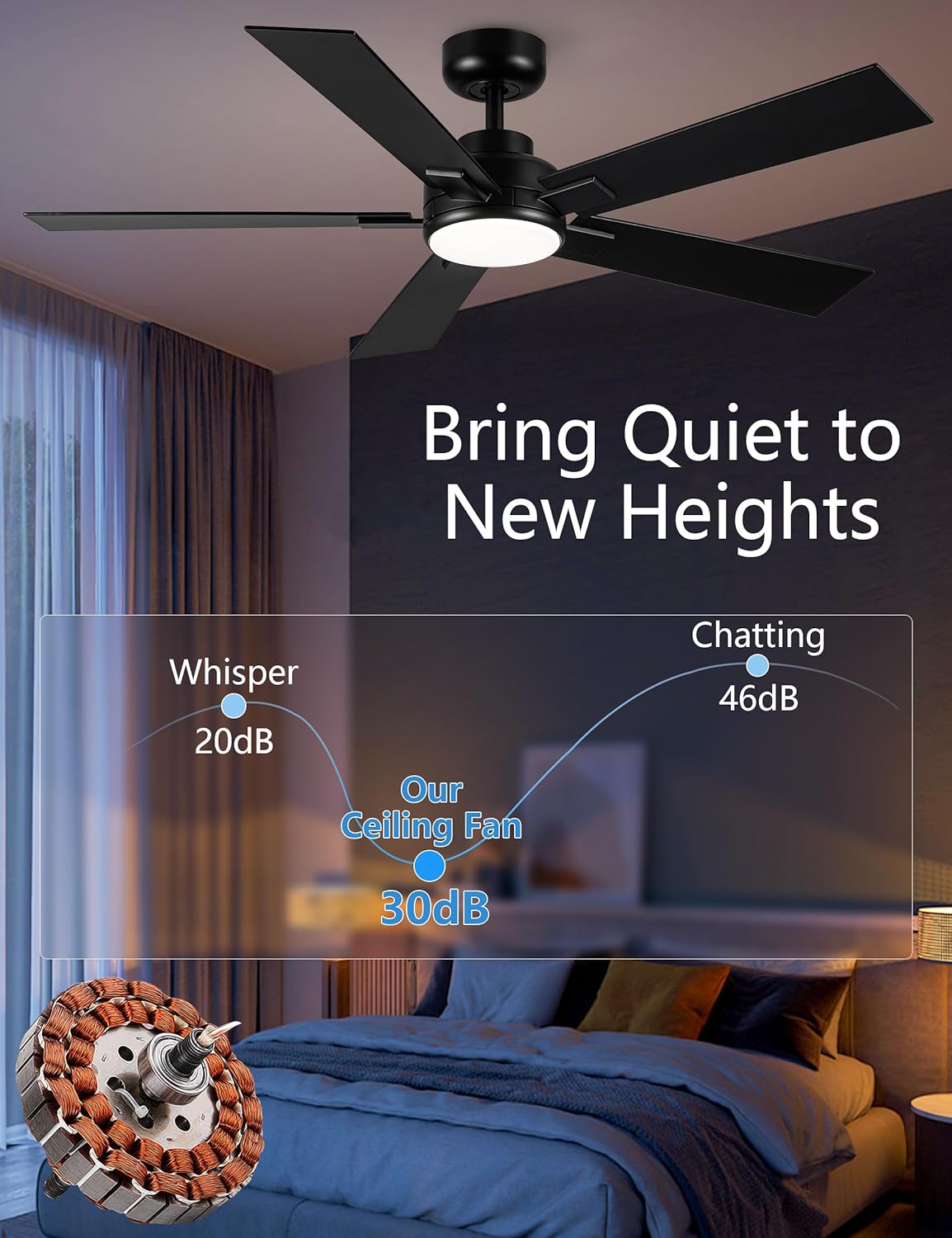 Modern Ceiling Fans with Lights - 52 inch Black Outdoor Ceiling Fan with Light and Remote, Reversible DC Motor, 6-Speed Quiet 3CCT LED Dimmable for Bedroom, Indoor and Outdoor, Patios , ETL Listed