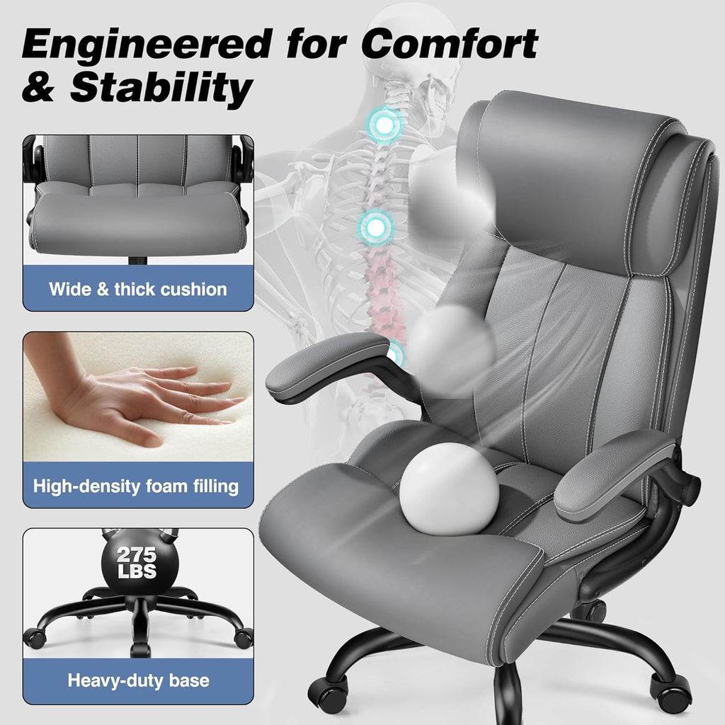 BESTFAIR Ergonomic Office Chair - Desk Computer Chair, Leather High Back Executive Chairs with Adjustable Lumbar Support for Adults, Rolling Swivel Tilt, Gray