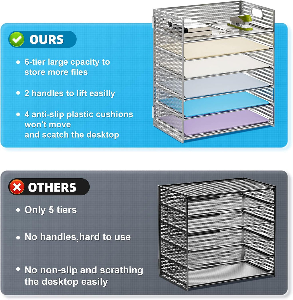 Marbrasse 2 Pack Desk Organizer with Handle, 6 Tier Paper Letter Tray, Mesh Desk File Organizer for Office, School and Home - Silver
