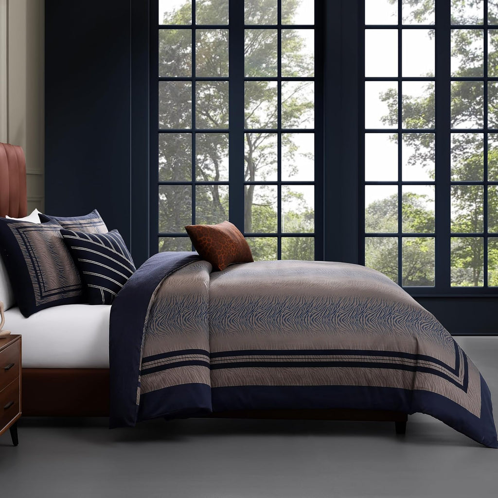 Bebejan Dark Blue Animal Prints 5 Piece Comforter Set, 100% Cotton Sateen, 220 Thread Count, Reversible Bedding Comforter Set, 1 Comforter, 2 Shams & 2 Pillows (King/Cal King)