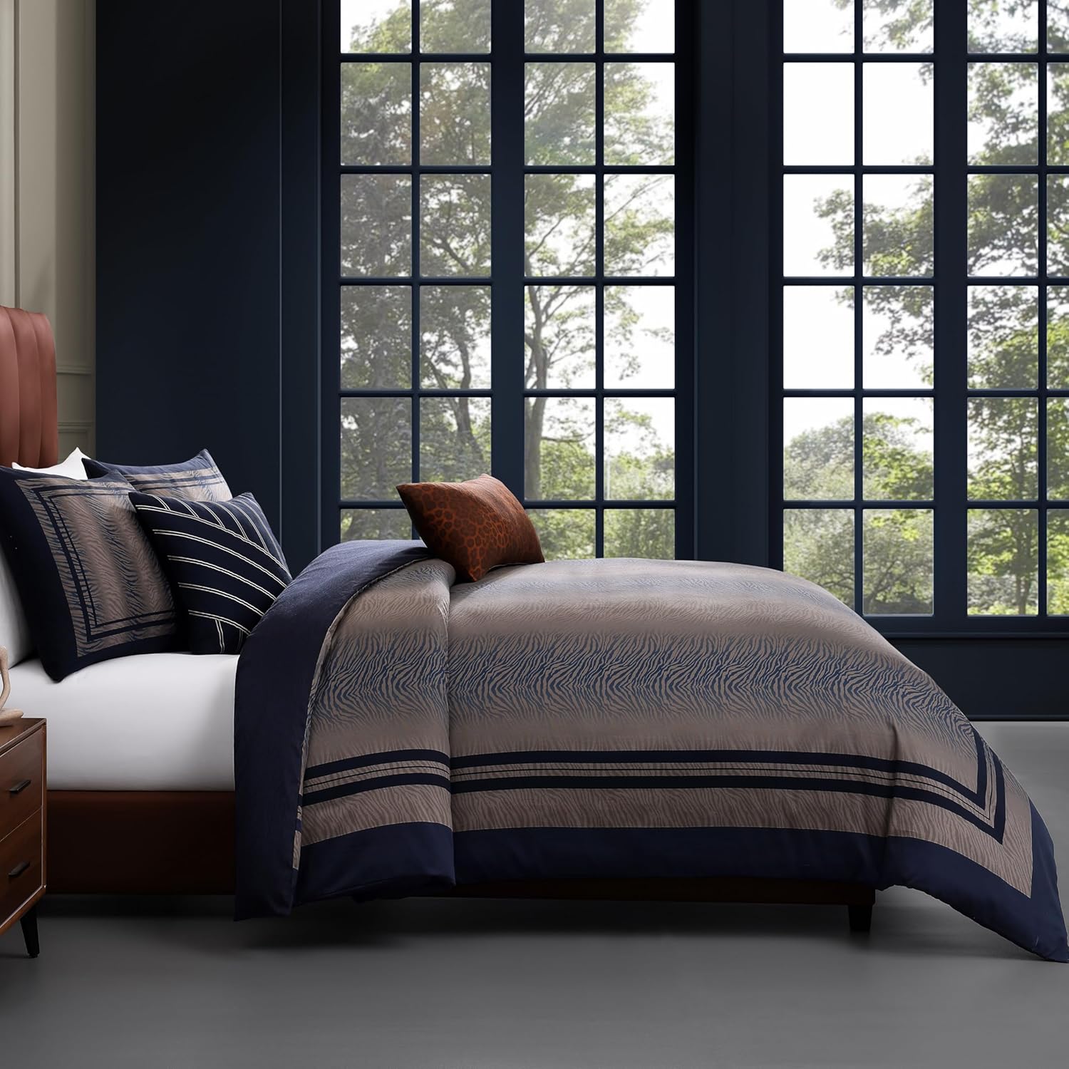 Bebejan Dark Blue Animal Prints 5 Piece Comforter Set, 100% Cotton Sateen, 220 Thread Count, Reversible Bedding Comforter Set, 1 Comforter, 2 Shams & 2 Pillows (King/Cal King)