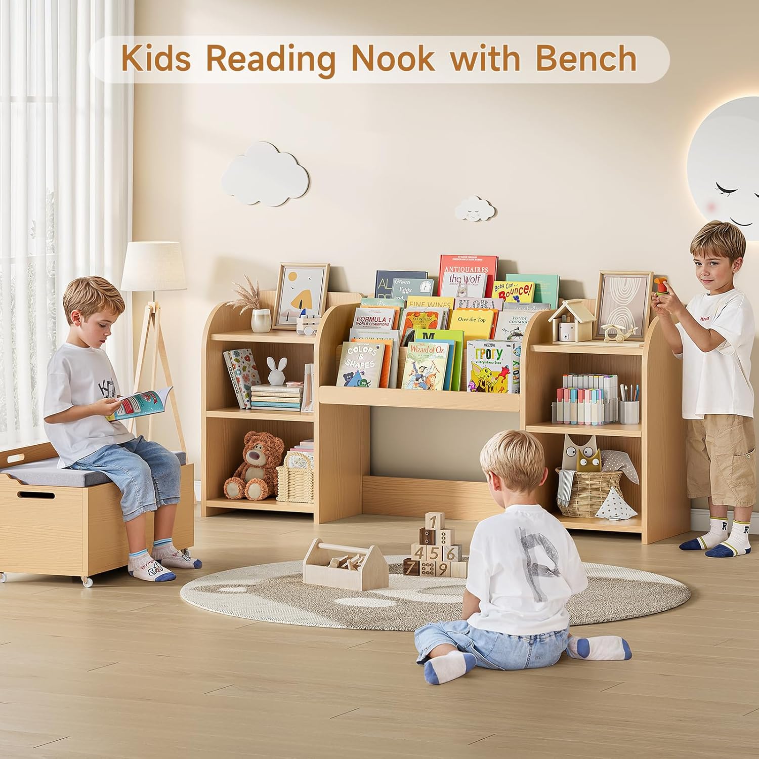 ONBRILL Kids Bookshelf with Reading Nook, 64.5" Toy Storage Organizer with Movable Bench with 3 Storage, Kids Bookcase with 3-Tier Bookshelf, 6 Storages Cubbies, Toy Box & Chest for Bedroom, Playroom