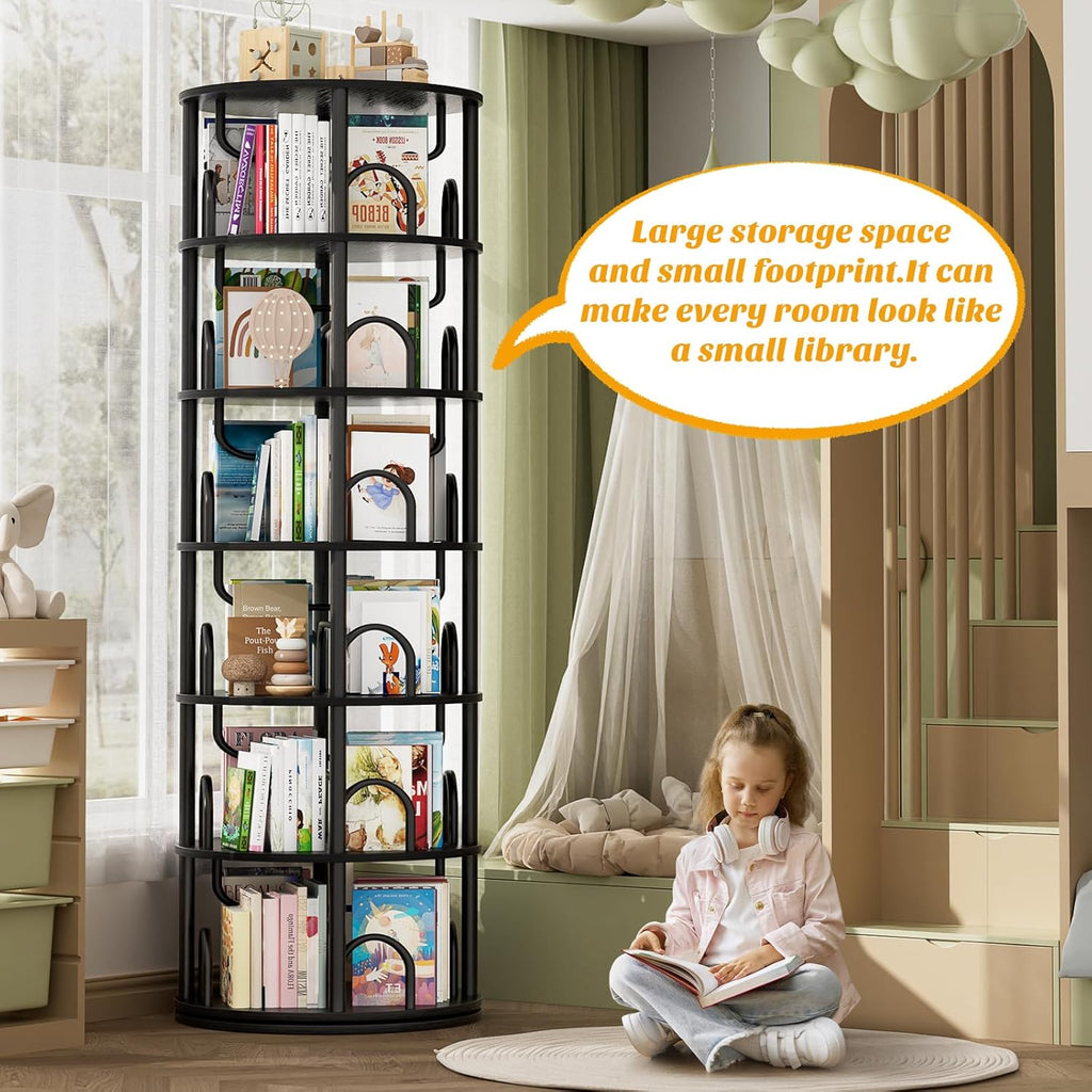Aheaplus 6 Tier Rotating Bookshelf Tower, Revolving Bookcase, 360° Round Spinning Book Shelf, Narrow Swivel Bookshelves Vertical Rolling Turning Corner Bookshelf Organizer for Small Space, Black