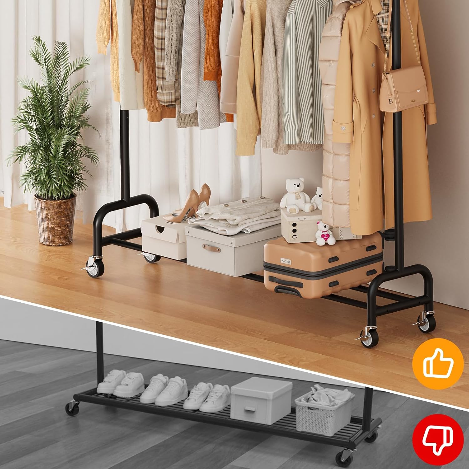 Heavy Duty Clothing Racks for Hanging Clothes Rack, 45" Wide Rolling Garment Rack Metal Clothing Hanger Rack with Wheels Wardrobe Rack for Coats, Shirts, Dress, (Black)