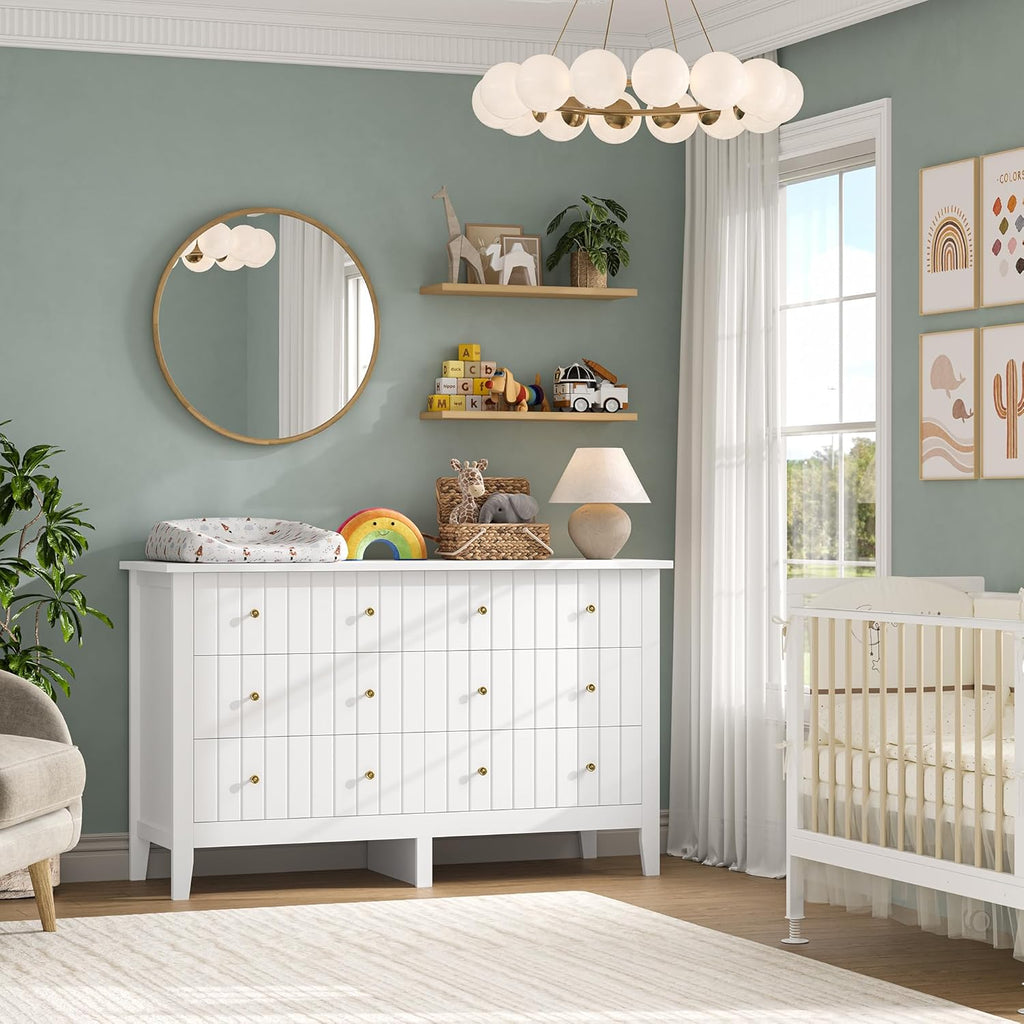 FOTOSOK White Dresser, Chest of Drawers, Modern 6 Drawer Double Dressers with Deep Drawers, Nursery Dresser for Baby, Wide Storage Organizer Cabinet for Living Room, Hallway,White