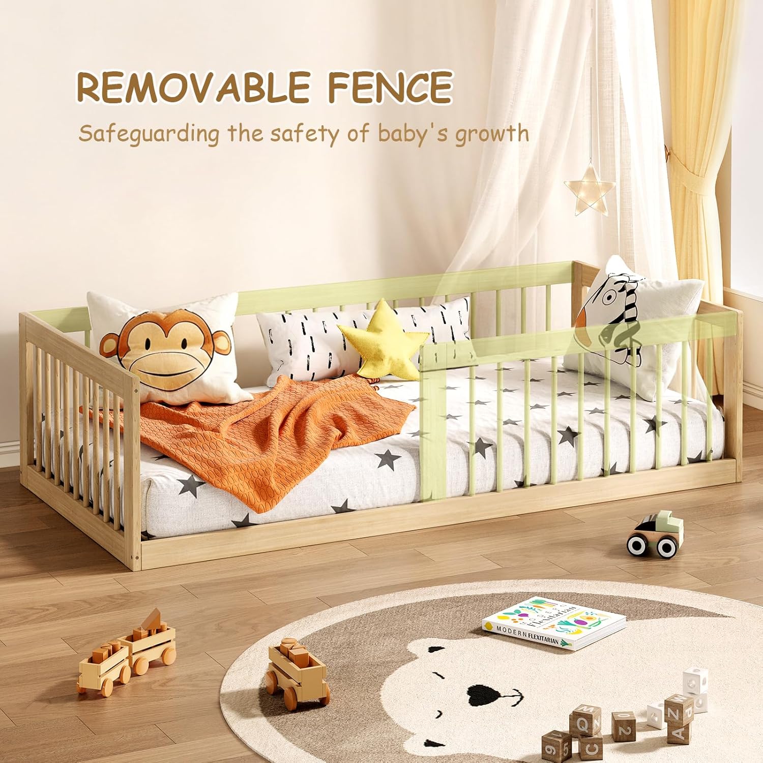 EXPERLAM Montessori Toddler Bed - Variable Twin Toddler Bed Frame with Removable Fences, Legs and 10 Board Slats, Toddler Floor Bed with Sturdy Wooden, Floor Bed for All Ages Kids, Bedroom, Livingroom