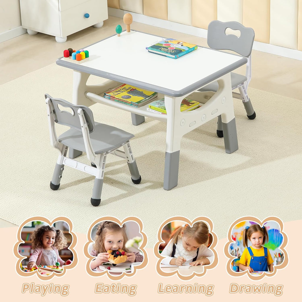 Toddler Table and 2 Chairs, Kids Multi-Activity Table with Graffiti Desktop, Height Adjustable Kids Table and Chair Set, Ages 3-8