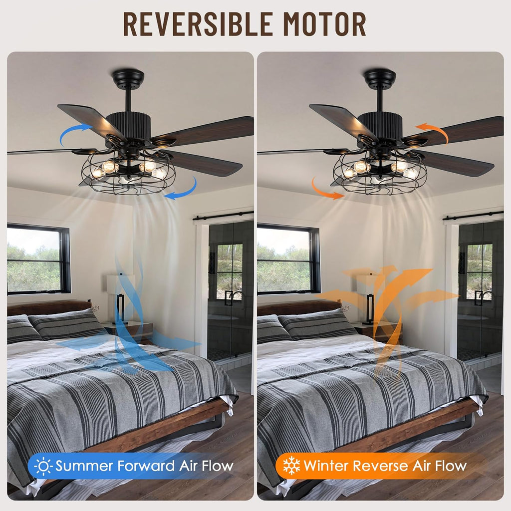 52" Farmhouse Ceiling Fans with Lights and Remote,Industrial Caged Rustic Retro Chandelier Ceiling Fan with Reversible Motor,5 Double Colour Blades for Dining Room Living Room Bedroom