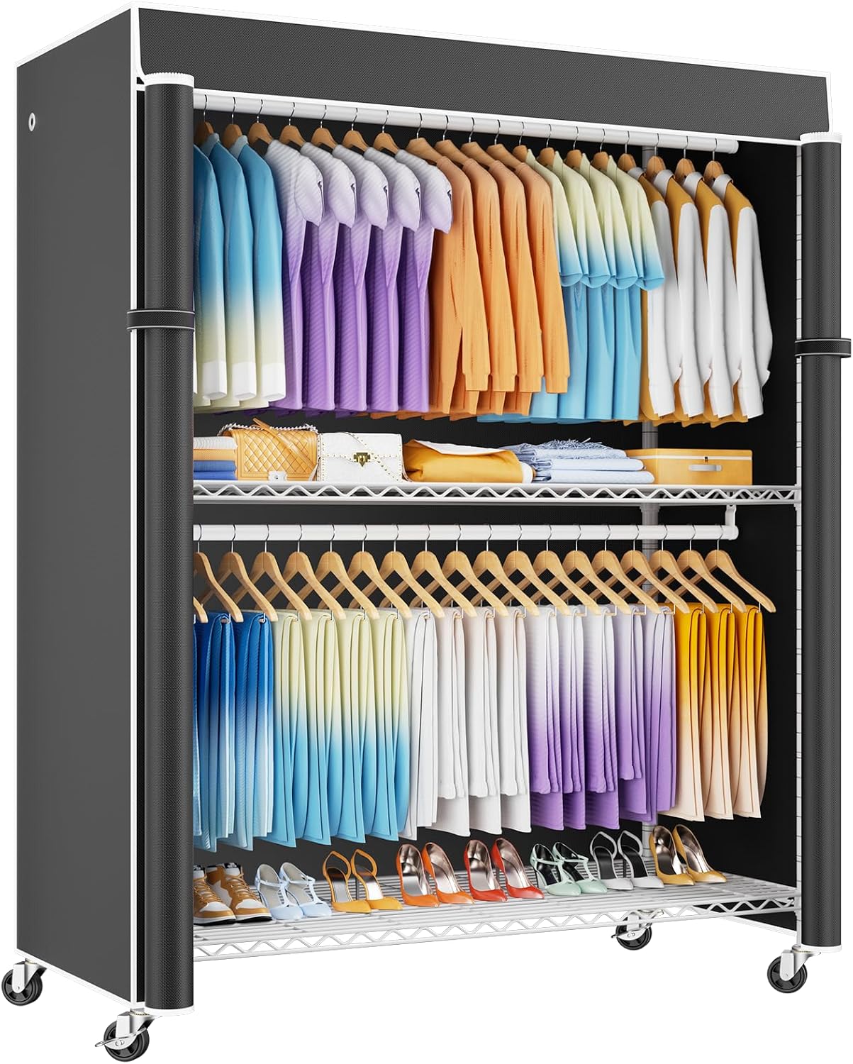 ULIFHOME P8C Max Heavy Duty Clothes Rack（With Extended Width Design） Rolling Clothing Racks for Hanging Clothes with Lockable Wheels，51.2"W x 15.8"D x 80.5"H，Load 700LBS，White Rack with Black Cover