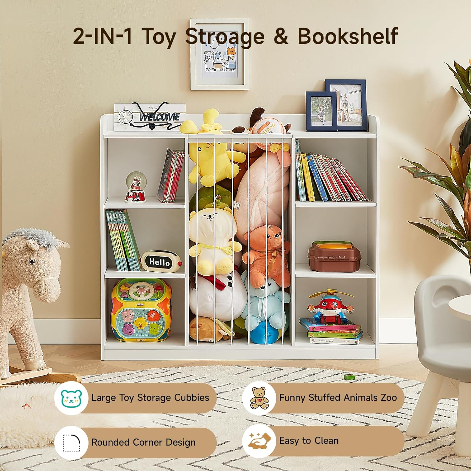 Toddler Stuffed Animal Zoo, Toy Storage Organizer for Playroom, Plush Toy Organizers and Storage, Book Shelf for Kids Rooms, Elastic Band Child Bookcase, Toy Shelf with 8 Storage Cubbies (White)