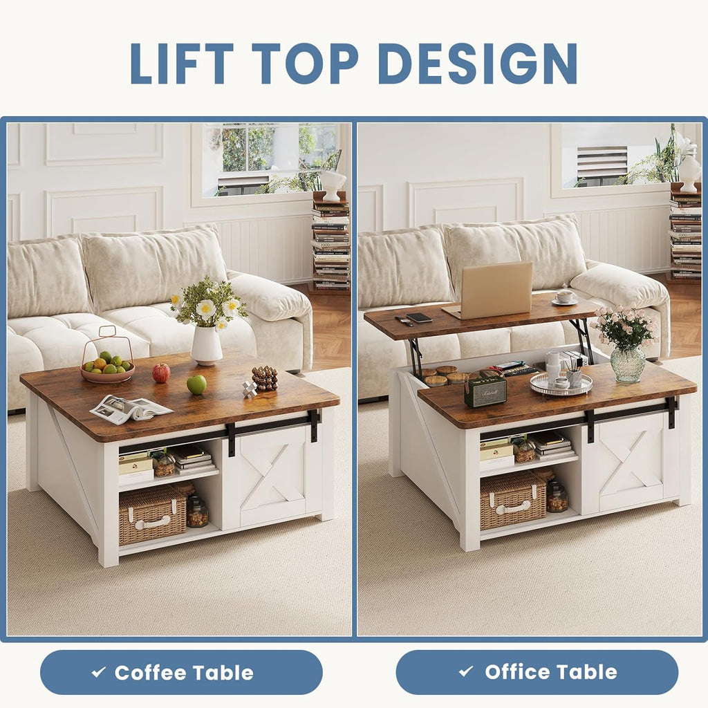 DUMOS Coffee Table, Lift Top Center Table with Storage, Square Living Room Tables with Adjustable Shelves, Wooden Center Coffee Table with Hidden Storage Compartment, White