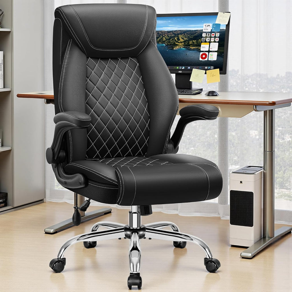 Office Chair, Big and Tall Ergonomic Desk Chair, Executive Leather Computer Chair with Adjustable Lumbar Support, Comfy Gaming Chair with Flip Up Arms, Swivel PC Chair with Rocking Function, Black
