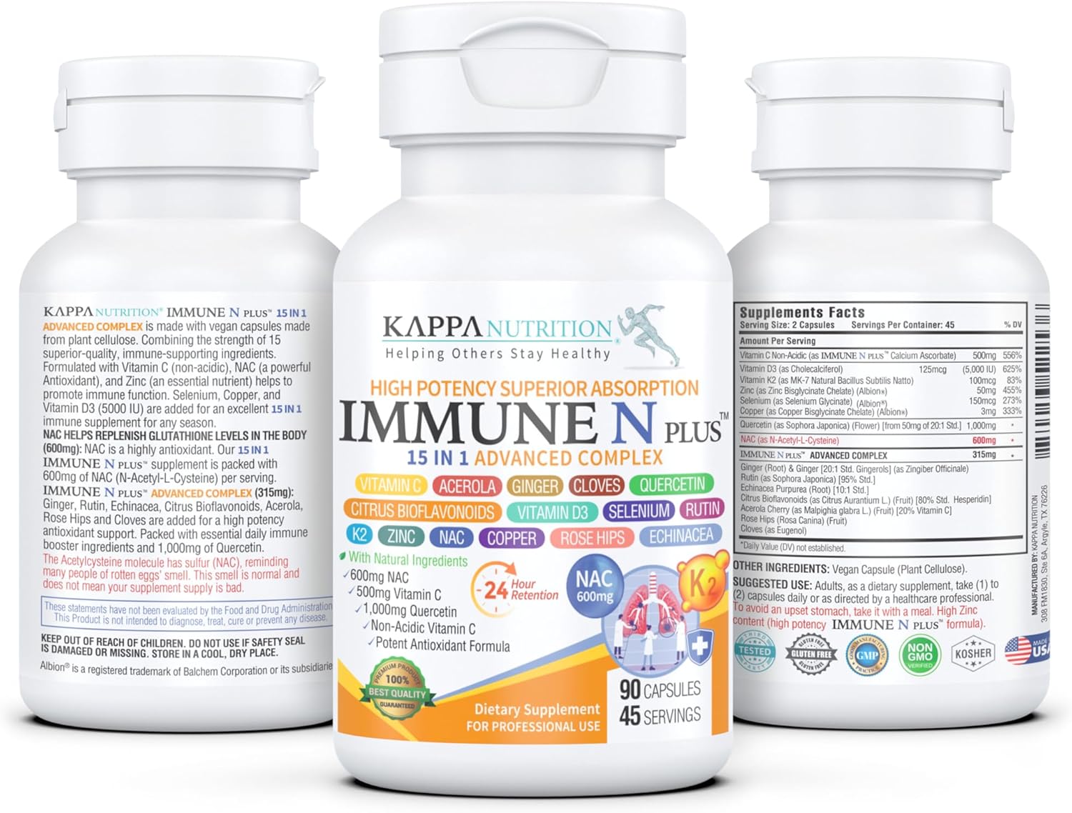 (90 Capsules), NAC 600mg, Quercetin 1,000mg, Vitamin C 500mg, Zinc 50mg, Vitamin D3 5,000iu, Selenium, Copper, Acerola, Ginger, Rutin, Citrus Bioflavonoids, Rose Hips, Echinacea, Immune N Plus 15 in 1