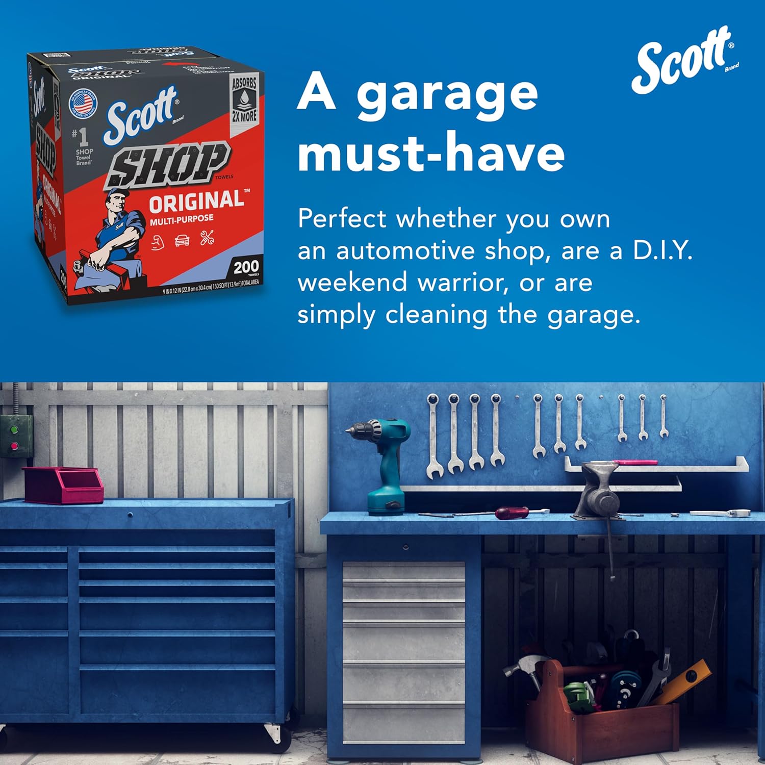 Scott Shop Original Blue Towels (75190), 9"x12" Cloth-like Paper Towel (8 Boxes of 200 Sheets, 1,600 Sheet Total)