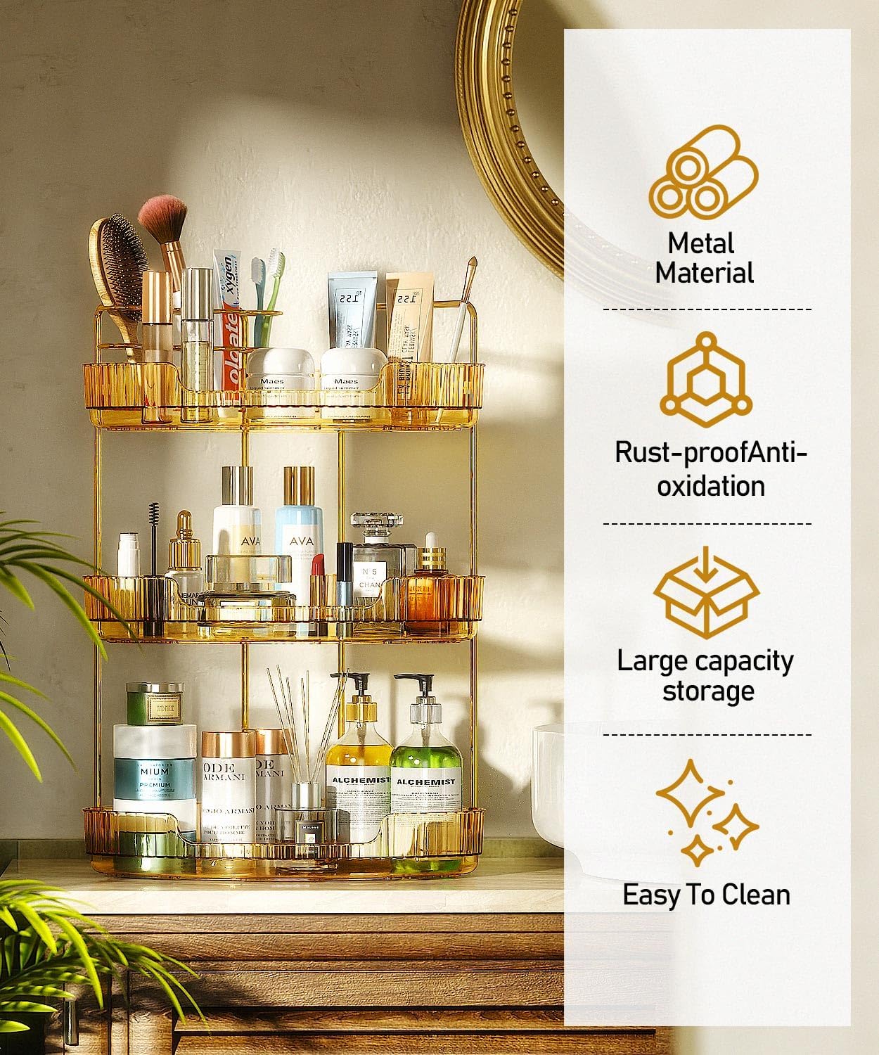 EUHOME 3-Tier Corner Bathroom Counter Organizer Makeup Cosmetic Storage, Tool-Free Installation Acrylic Vanity Shelf, Countertop Storage Organizers Perfume Tray for Bathroom, Dresser, Kitchen (Gold)