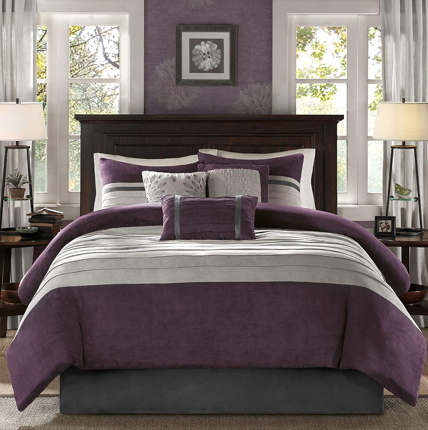 Madison Park - Palmer 7 Piece Comforter Set - Plum - California King - Pieced Microsuede - Includes 1 Comforter, 3 Decorative Pillows, 1 Bed Skirt, 2 Shams,Purple