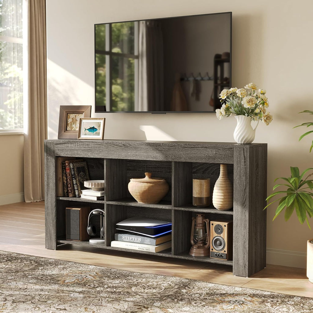LITTLE TREE TV Stand with Storage, 63-Inch Entertainment Center with Shelves, Modern Media Console for Television up to 65" for Living Room, Bedroom, Grey + Black