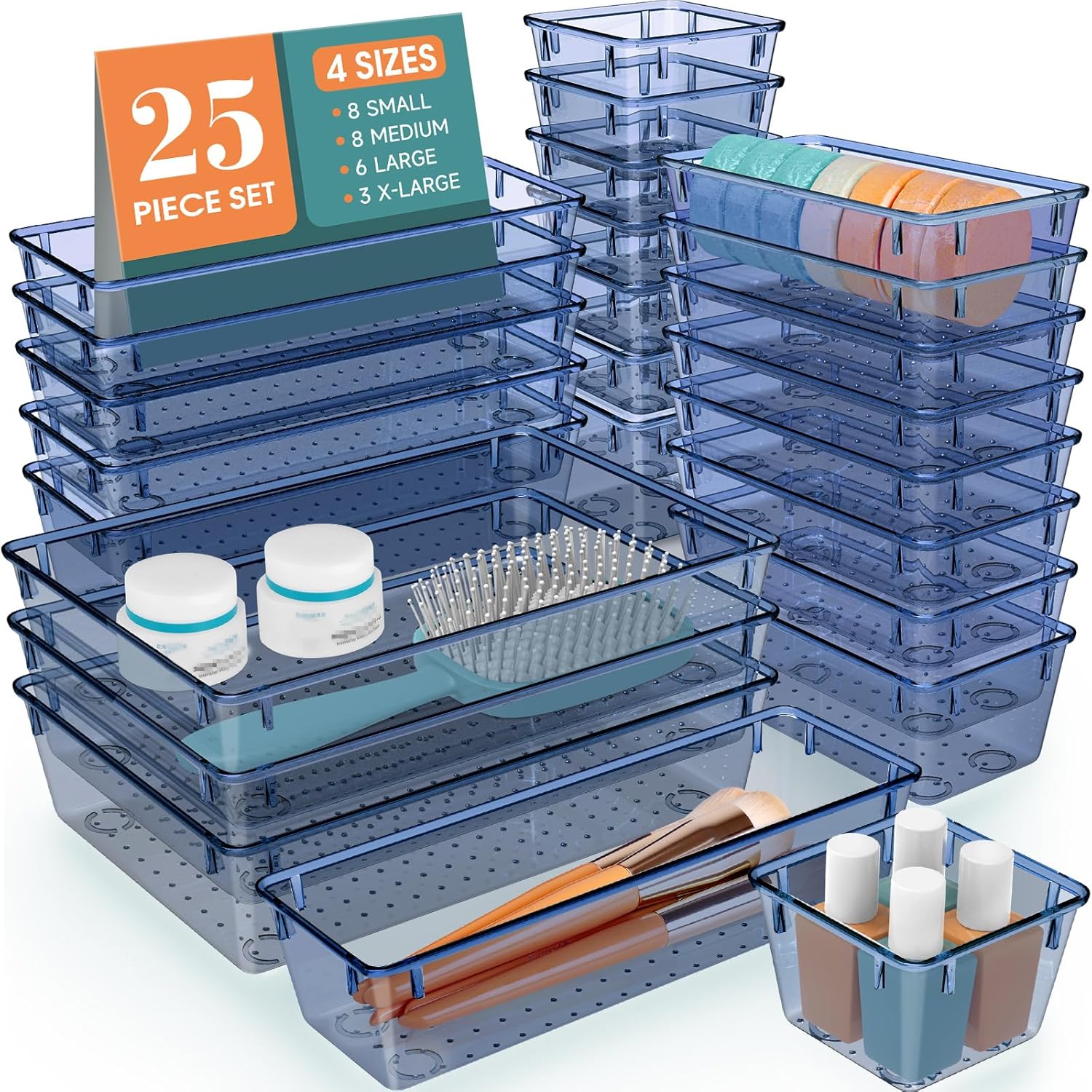 WOWBOX 25 PCS Plastic Drawer Organizer Set, 4 Sizes Desk Drawer Divider Organizers and Storage Bins for Makeup, Jewelry, Gadgets for Kitchen, Bedroom, Bathroom, Office, Clear Dark Blue