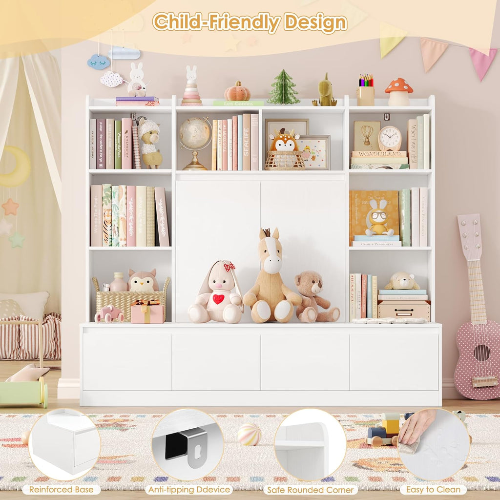 HIFIT 4-In-1 Kids Bookshelf and Toy Storage Organizer with Bench, 10-Cube Kids Bookcase with Reading Nook & 4 Sliding-Drawers & 2 Doors, Toy Chest Storage Cabinet for Playroom, Nursery,Classroom,White