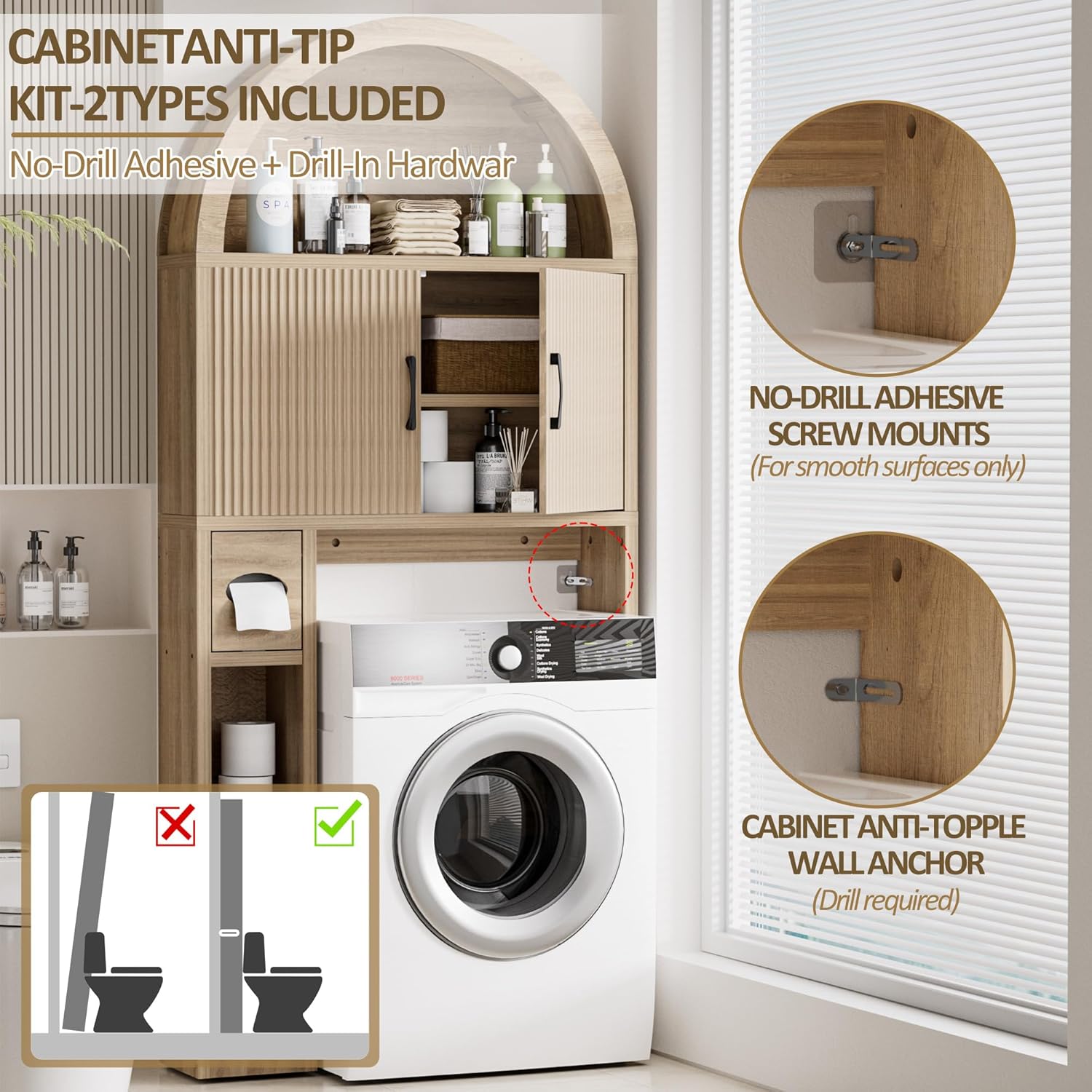 Spurgehom Over The Toilet Storage Cabinet, Bathroom Shelf Organizer Freestanding, Bathroom Arch Cabinet Over Toilet with Toilet Paper Holder and Anti-Tipping Device, Wood