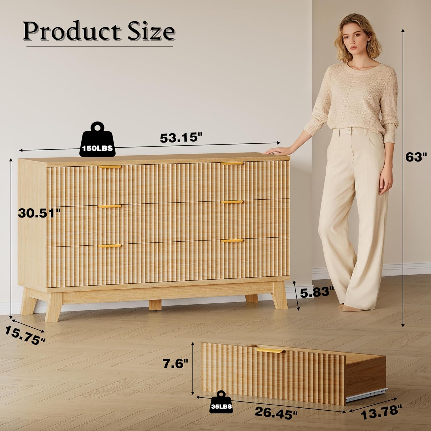 BORNOON 53" Long Dresser for Bedroom, 6-Drawer Dresser with Fluted Fronts, Wide Wood Chest of Drawers, Smooth Metal Slides, Stable Base, Modern Clothes Storage Cabinet for Living Room, Hallway