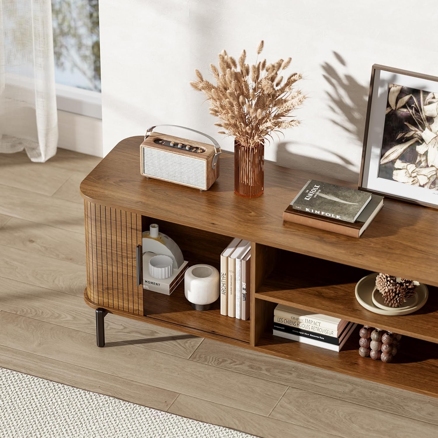 SUNCOZE 70" Mid-Century Fluted TV Stand with Storage, Modern Entertainment Centerfor TVs up to 80 Inch with Sliding Tambour Doors & Open Shelves, Media Console for Living Room or Bedroom (Walnut)