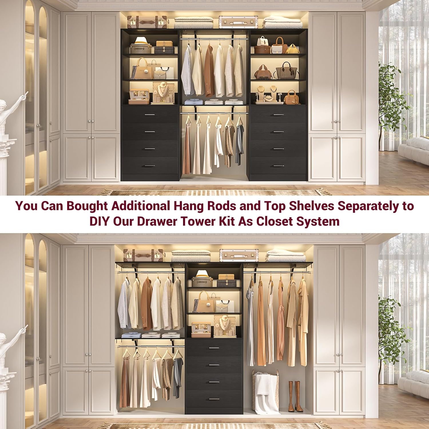 Aheaplus Closet Drawers System, 21.3" Wood Closet Organizer System with 4 Drawers, Modular Walk-in Closet System Storage Unit, Small Closets Wardrobe Rack, Tall Storage Cabinet Unit, Black