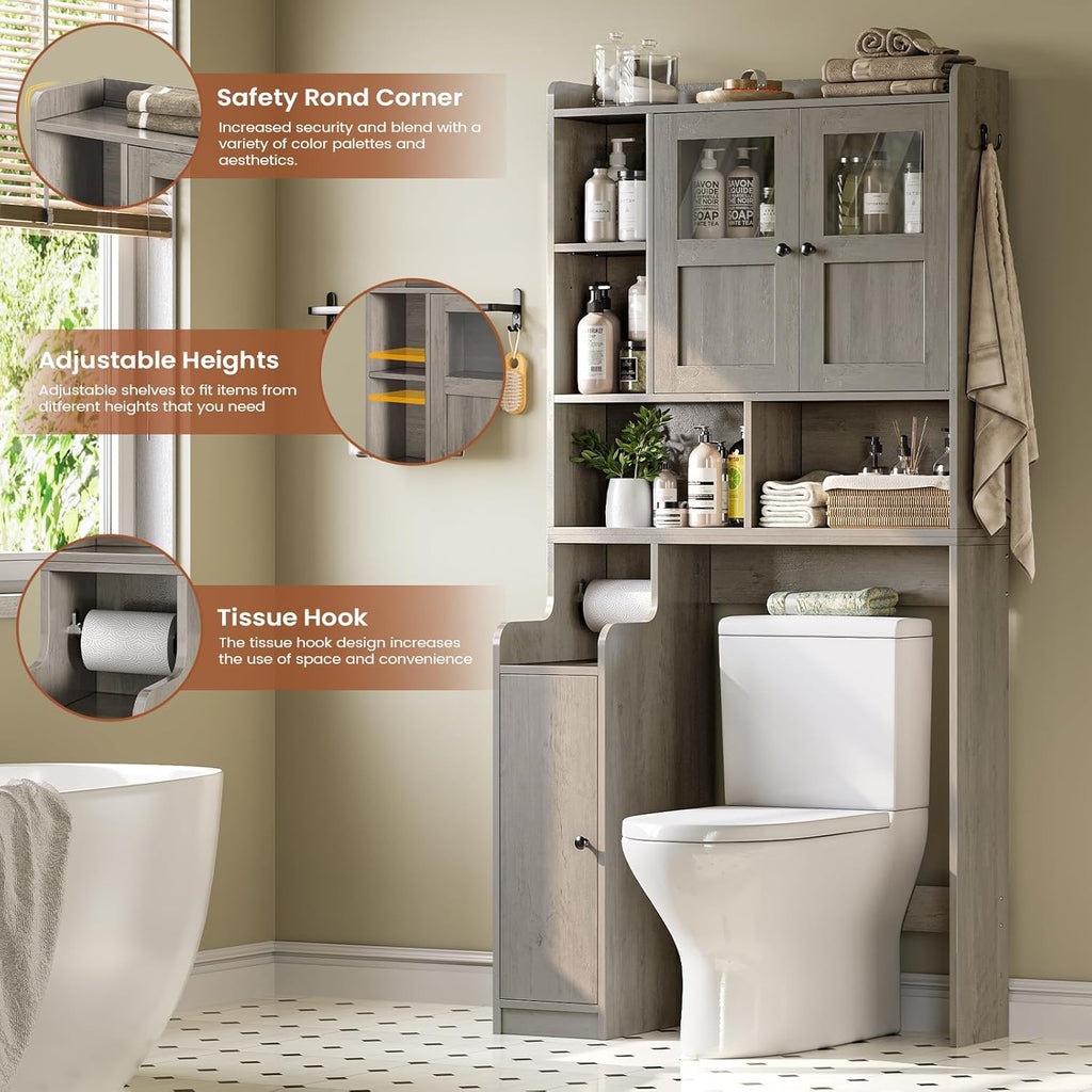 Itaar Over The Toilet Storage Cabinet, Over Toilet Bathroom Organizer with Glass Doors & Toilet Paper Holder Stand, Home Space-Saving Toilet Rack, for Bathroom, Restroom, Laundry, Grey