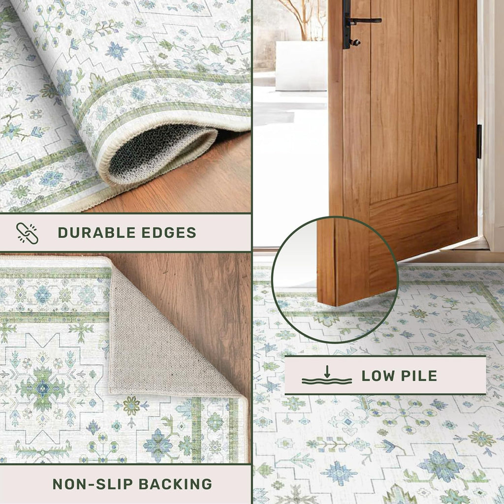 Hazo Haus Blue and Green Living Room Rug 8x10 - Cream Oushak Vintage Boho Floral Farmhouse, Washable Low Pile Non-Slip Extra Large Area Rugs for Bedroom, Girls, Boys, Playroom, Lounge