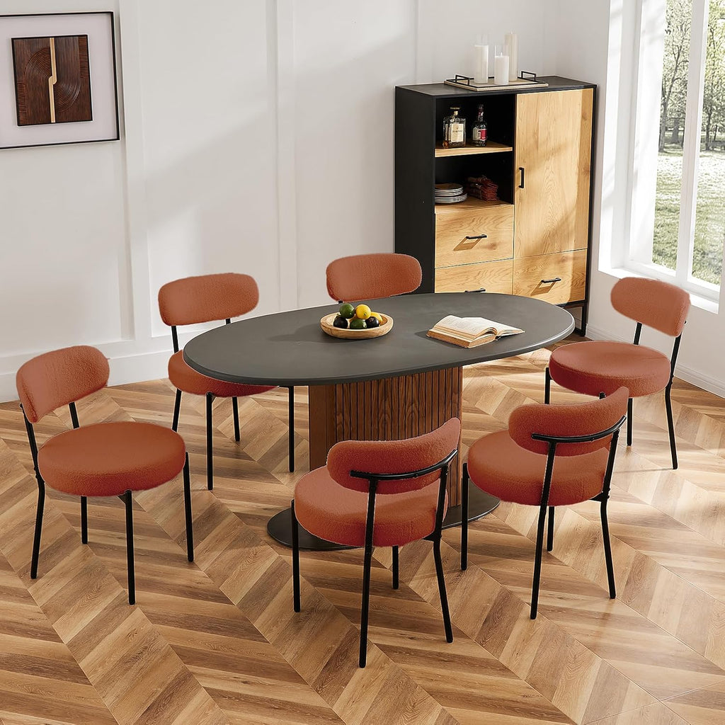 DUMOS Dining Chairs Set of 4, Mid Century Modern Chair Round Upholstered Curved Backrest, Kitchen Vanity Living Room Chairs with Black Metal Legs, Orange
