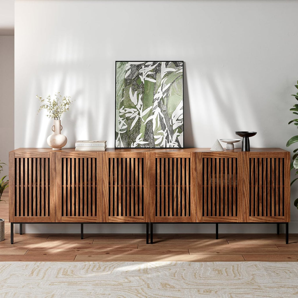 BVIUNTWO Farmhouse TV Stand for TVs up to 100 inch, 2 in 1 Entertainment Center TV Console with Storage Cabinets and Metal Base,Brown Media Console for Living Room