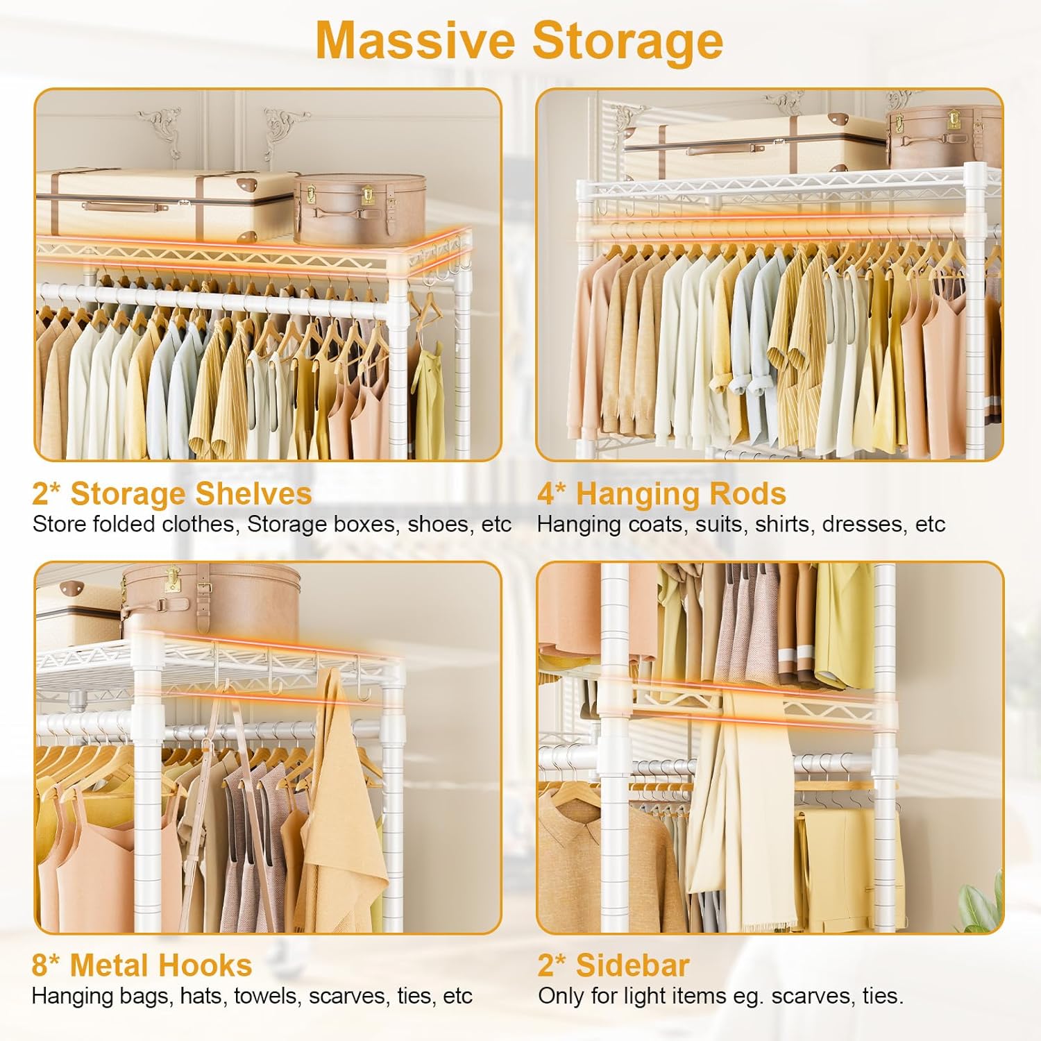 ULIFHOME P4 Plus Rolling Clothes Rack Heavy Duty, Clothing Racks for Hanging Clothes, Free Standing Garment Racks with Wheels, Portable Closet Rack 45''W × 20.5''D × 80.5''H, Max Load 570 Lbs, White