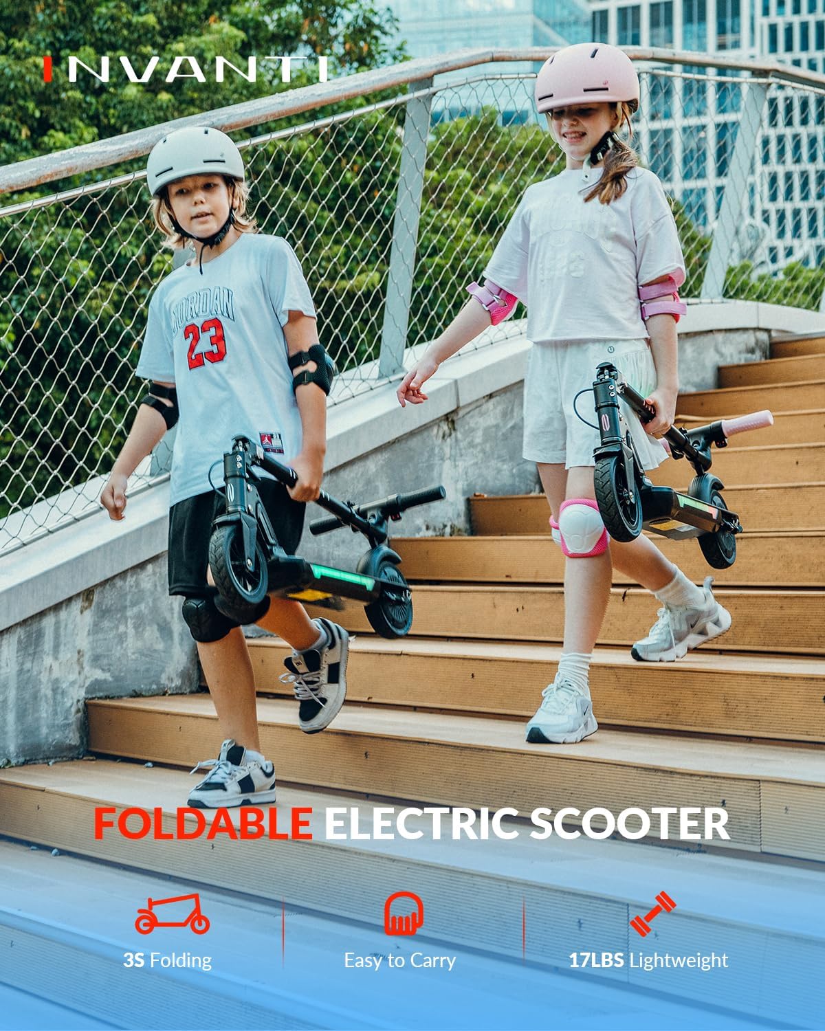INVANTI KS03 Electric Scooter for Kids Ages 8+, 350W Peak Motor, Max 12mph & 10Miles, 7" Solid Wheel, LED Lights & Display, Double Braking, Kids Electric Scooter with 3 Adjustable Speeds & Heights