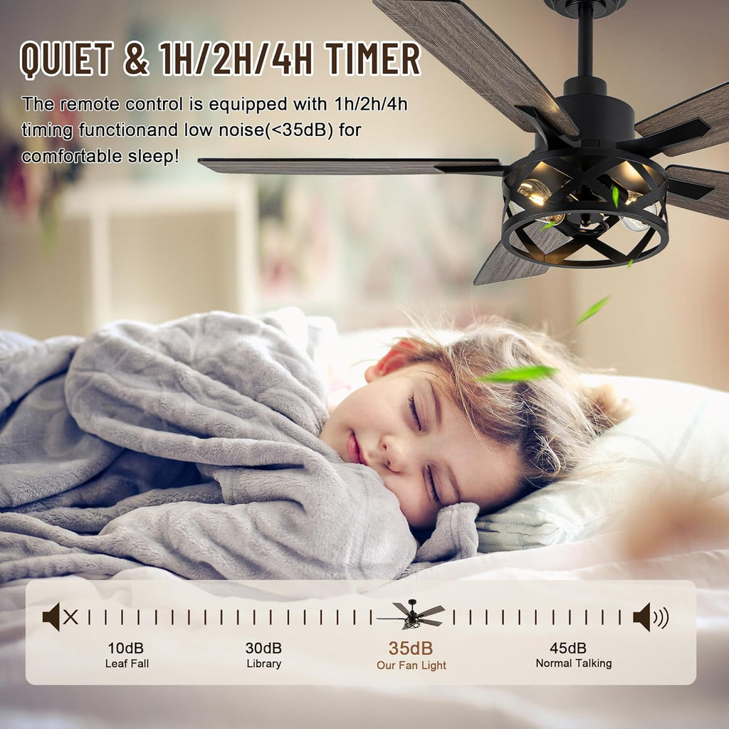 52" Farmhouse Ceiling Fan with Lights and Remote,Ceiling Fan with Caged Rustic Light Fixture,Reversible DC Motor,5 Double Finish Wood Blades for Patio,Living Room,Dining Room,Bedroom