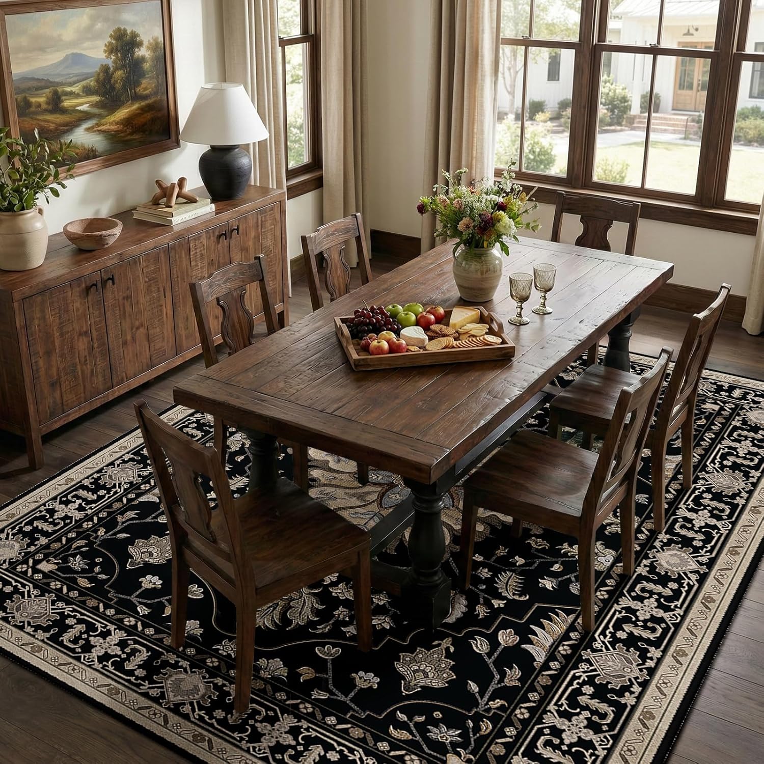 RELEANY Area Rugs 9'x12' Washable Non-Slip, Floral Vintage Distress Print Pattern Medallion Carpet for Living Room Bedroom Dining Room, Black Brown Neutral Dark Tan