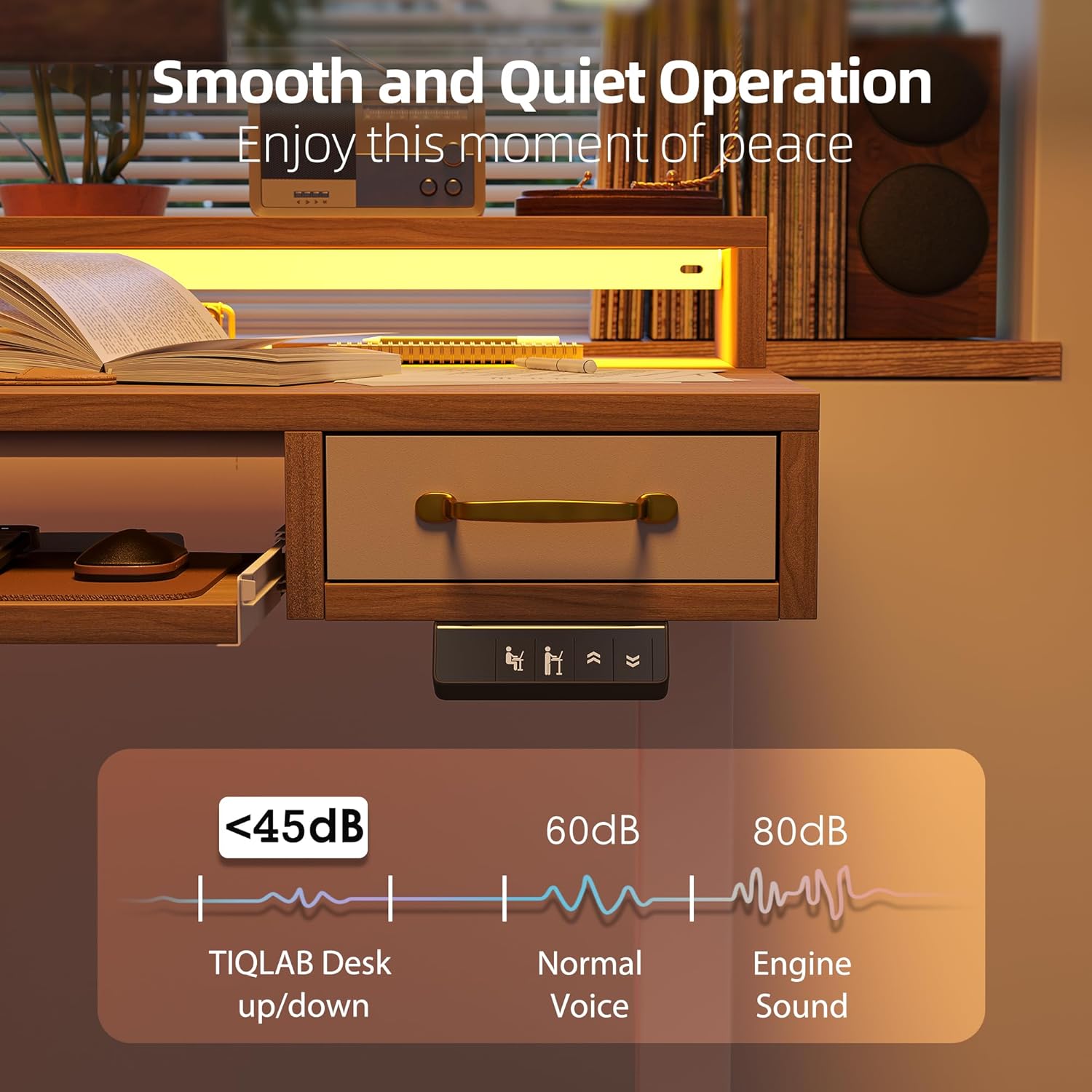 TIQLAB Standing Desk with Two Drawers, Stand Up Standing Desk Adjustable Height, Electric Sit Stand Table with Storage Shelf and Splice Board, with LED Light, 47 * 28 inch, Light Walnut